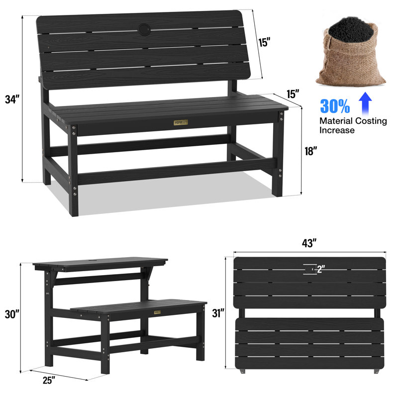 Folding Picnic Outdoor Table Convertible Bench Patio Dining Set, Black