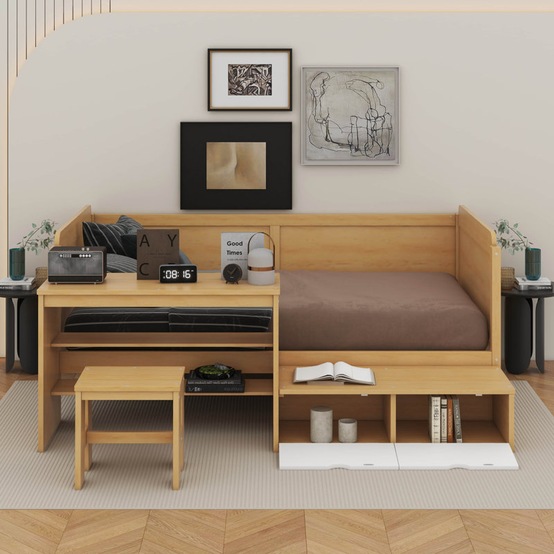 Lit de jour simple avec tablettes et bureau, Naturel