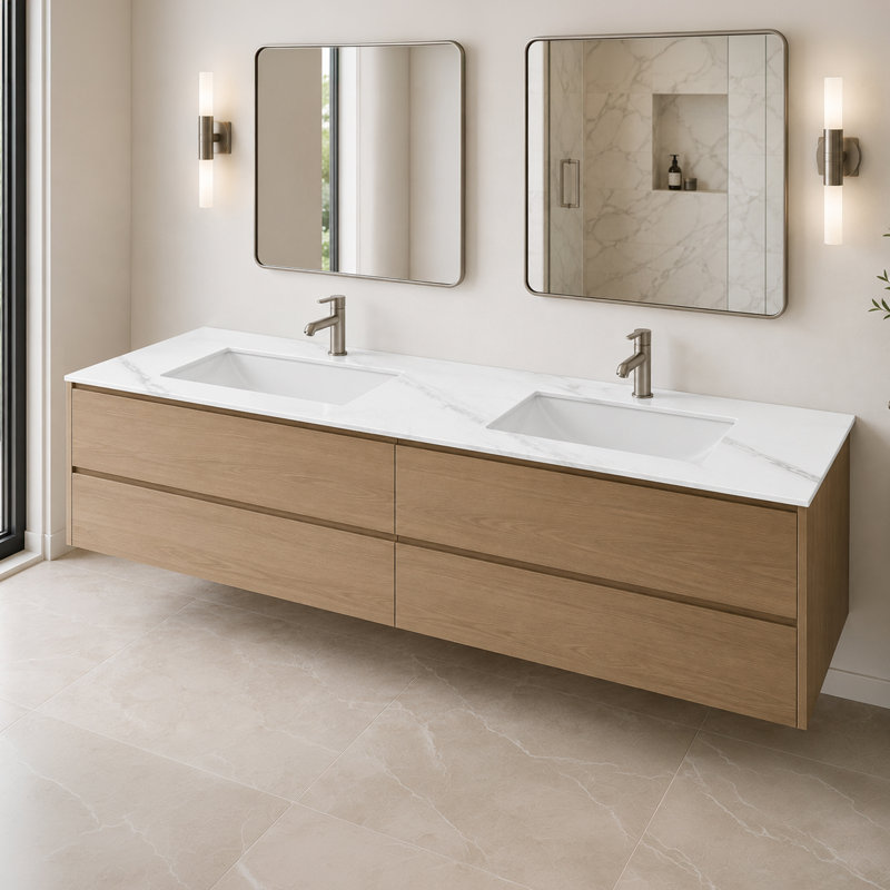 84" Porcelain Vanity Top in Carrara White with White Rectangular Double Sink