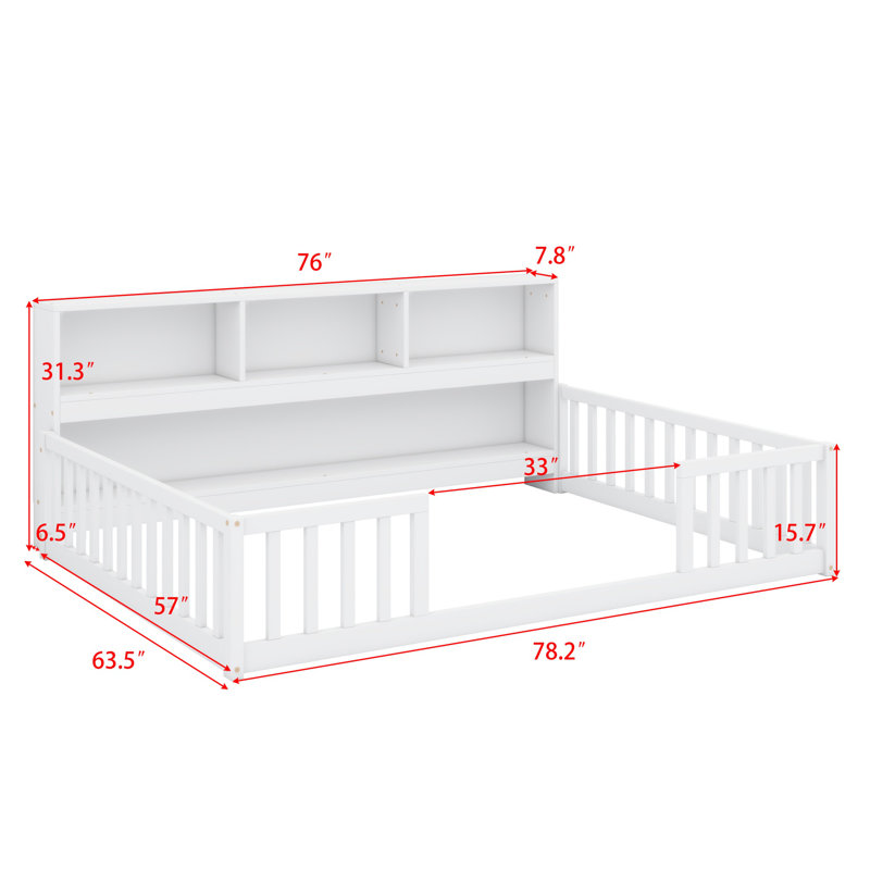 Floor Bed With Side Bookcase,Shelves,Guardrails