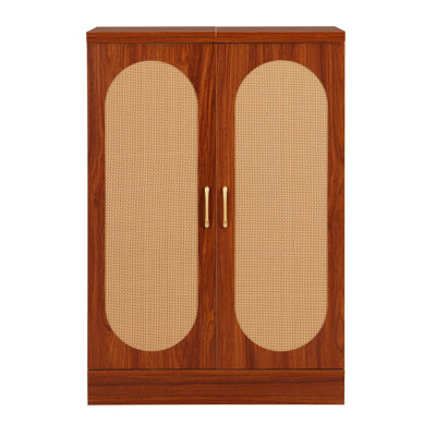 Home Bar Cabinet With Industrial Rattan Door, Fold Out Bar Cabinet With Storage