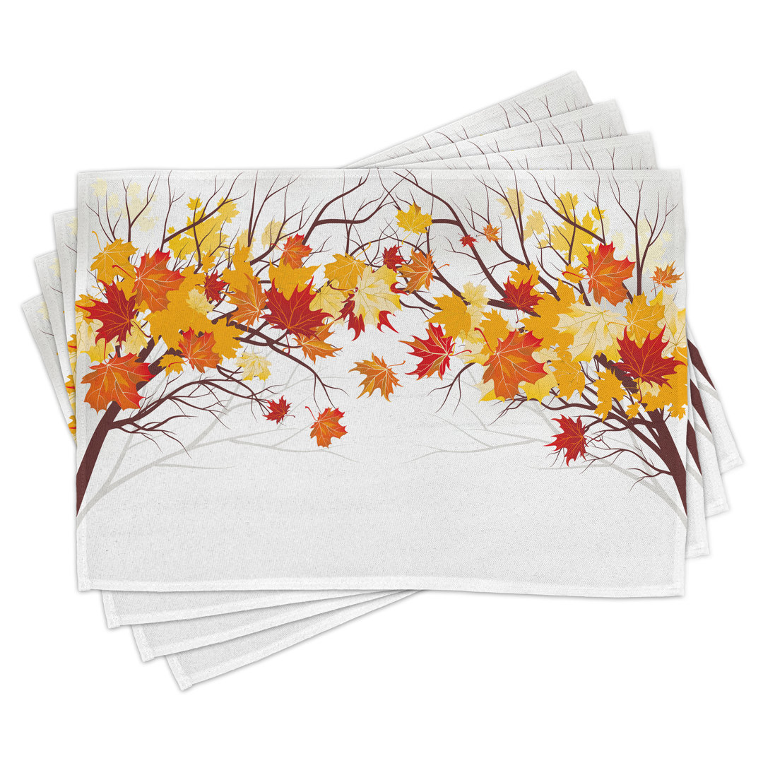 Platzdeckchen 4er Set, Cartoon Ahorn Herbstbaum, Orange Weiß