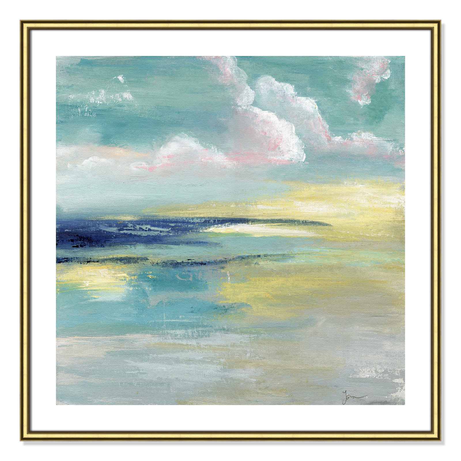 Bertie "Ocean View" Painting by Tava Studios, 33.25" H x 33.25" W x 0.88" D, Gold Framed Paper