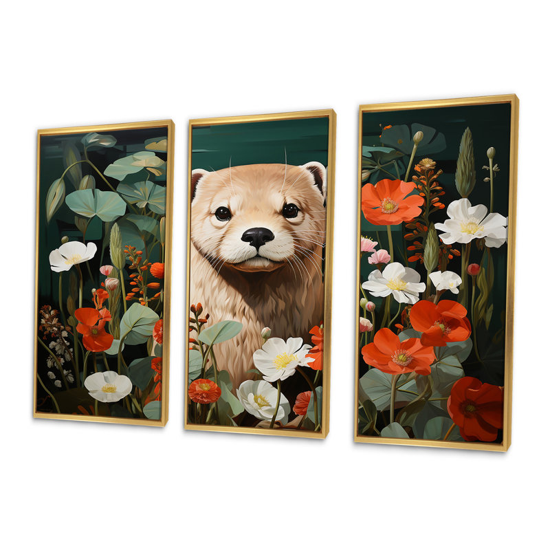 Curieuse loutre dans une prairie fleurie - loutre, art mural, Cadre flottant doré, H 32 po x l 48 po