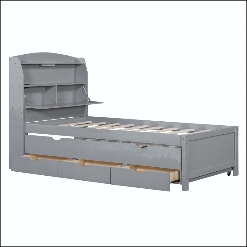 Lit plateforme en bois à DEL avec lit gigogne, tête de lit et tiroirs, Lit simple, Gris