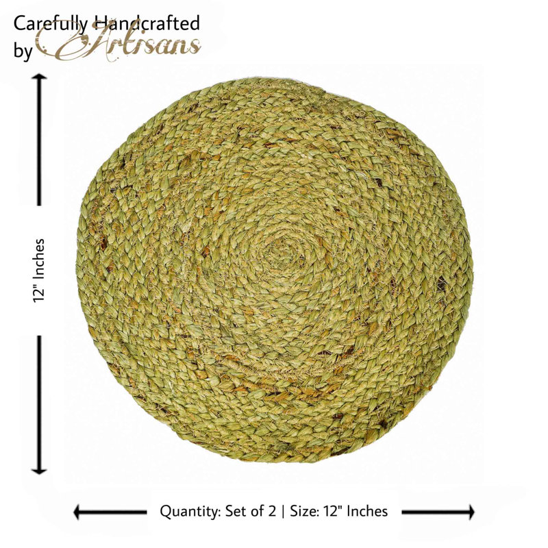 Jute Embroidered Round Placemat, Green