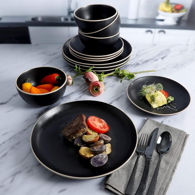 Ensemble 12 pièces de vaisselle en grès, assiettes et bols à finition matte, couleurs modernes, Noir