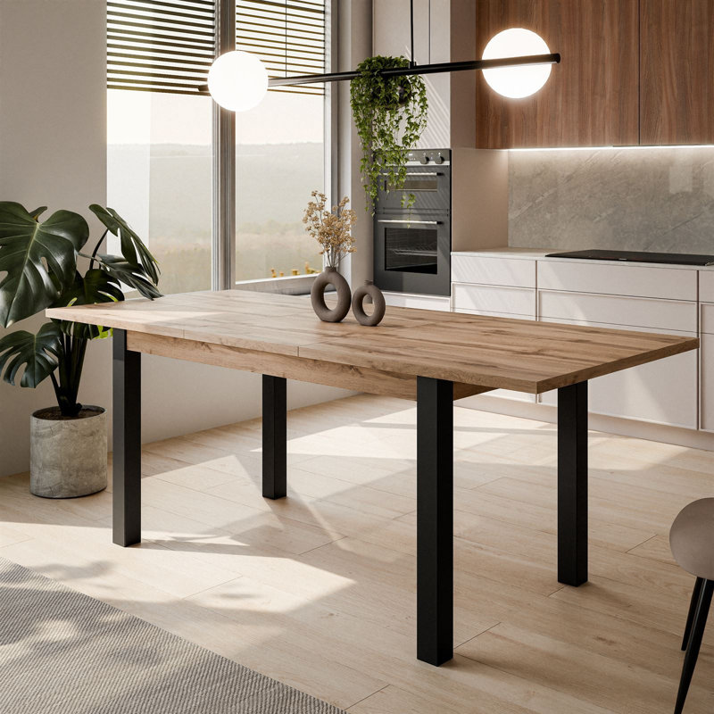 Extendable Metal Base Dining Table, Black, Wotan Oak