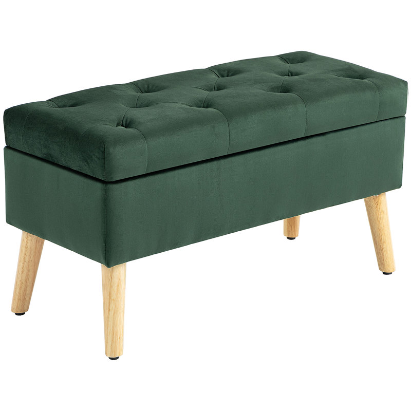Upholstered Storage Ottoman Bench with Wood Legs, Cream White, Green, Brown Wood