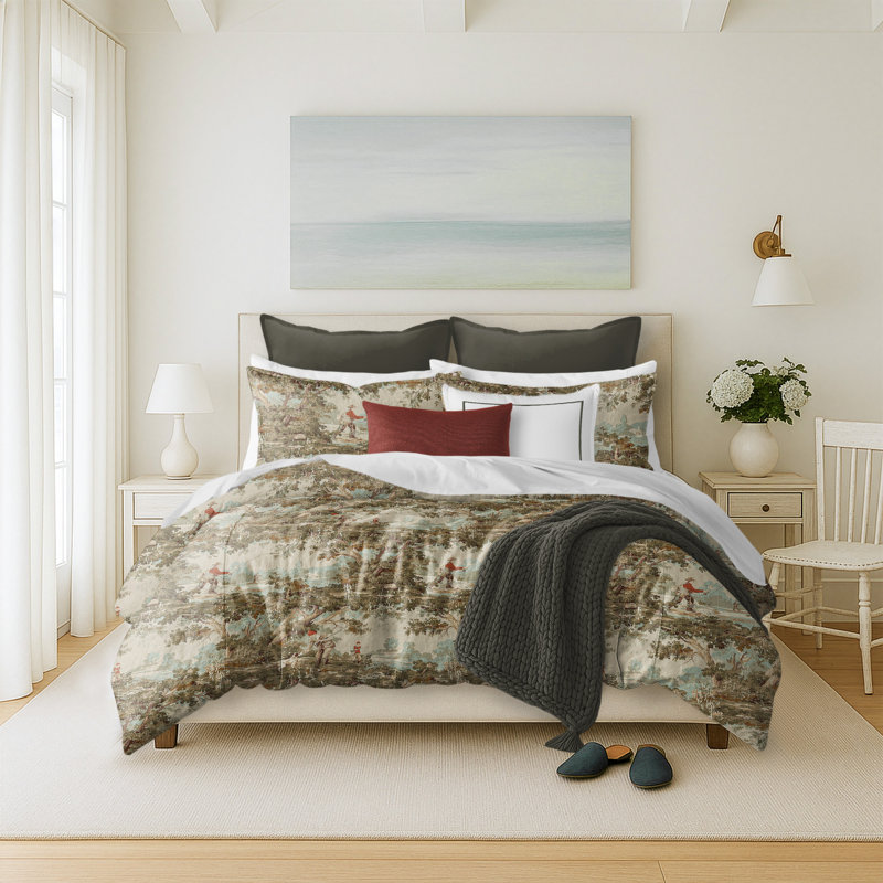 Greenwood Ivory/Red Linen Duvet Cover Set, Twin Duvet + 1 Standard Shams