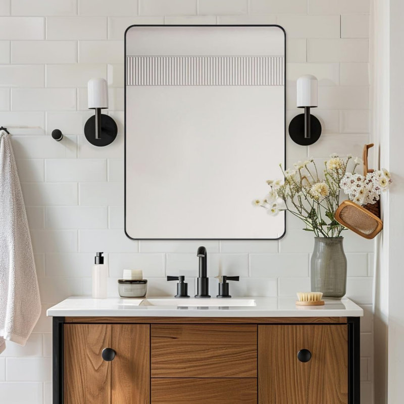 Miroir de salle de bain Inse Cadre en acier inoxydable, Noir mat, 28 po x 20 po