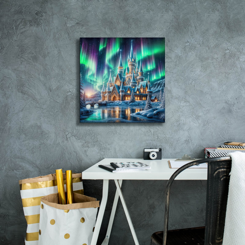 «Magical Castle Under Northern Lights» par Rey Klimt, art mural, H 18 po x l 18 po
