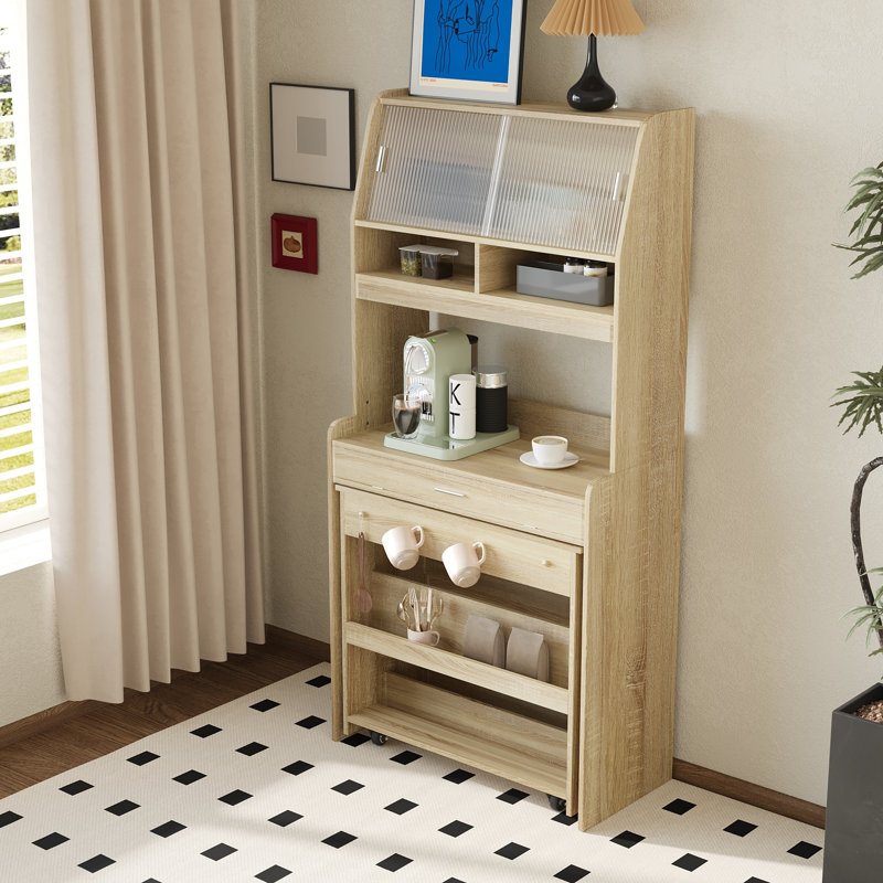 Buffet compact de 33,5 x 15,7 x 69 pouces avec huche et table de salle à manger pliable, armoire multifonctionnelle avec tablette de rangement et crochets latéraux pour petits espaces, studio, appartement