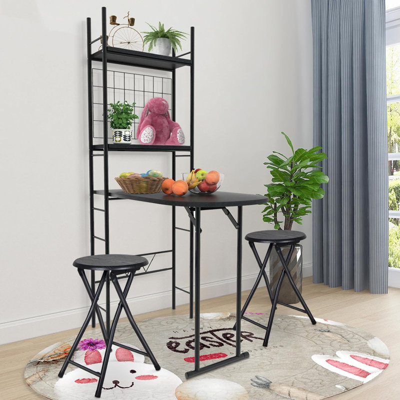 Black 3-Piece Folding Kitchen Table Set with Round Stools