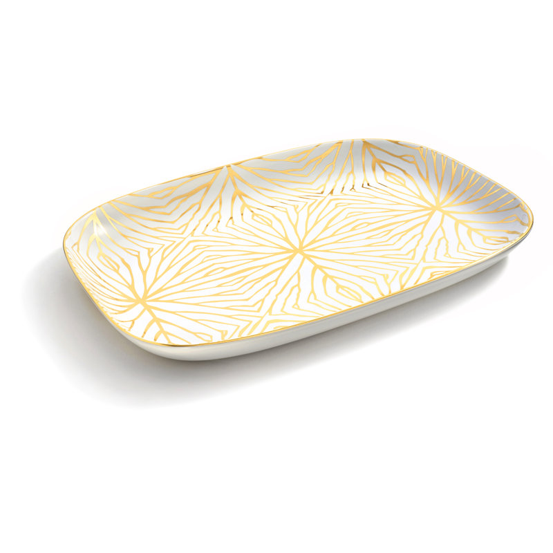 Gold and White Rectangular Ceramic Serving Platter