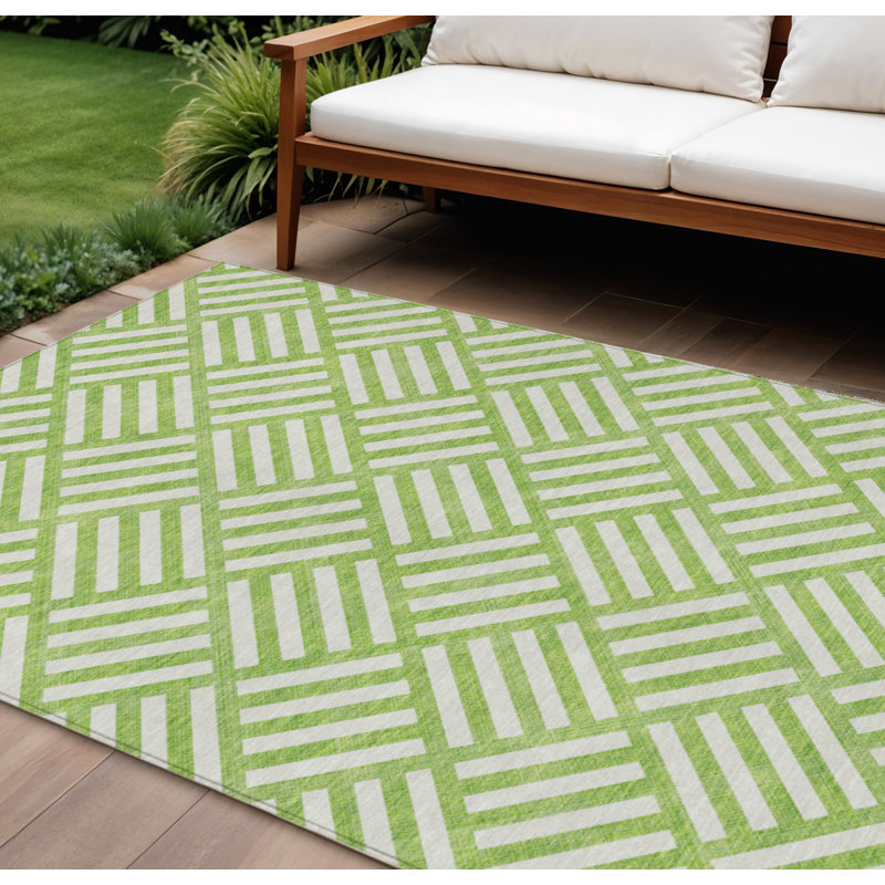 Tapis extérieur lavable géométrique vert lime et ivoire 8 pi x 10 pi