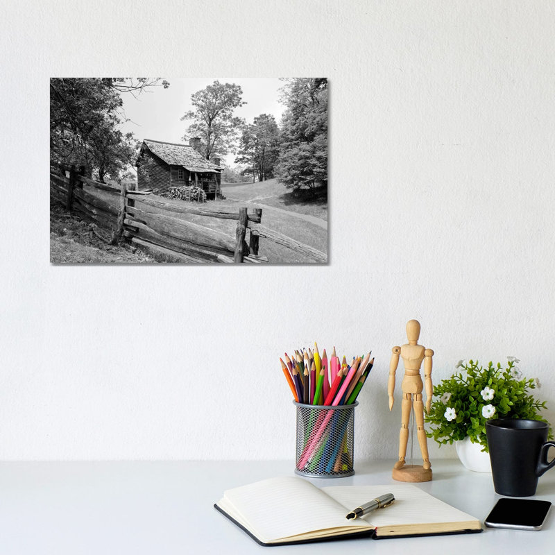 Rustic Log Cabin Form 1880s Behind Post And Rail Fence In Blue Ridge Mountains - Wrapped Canvas Print