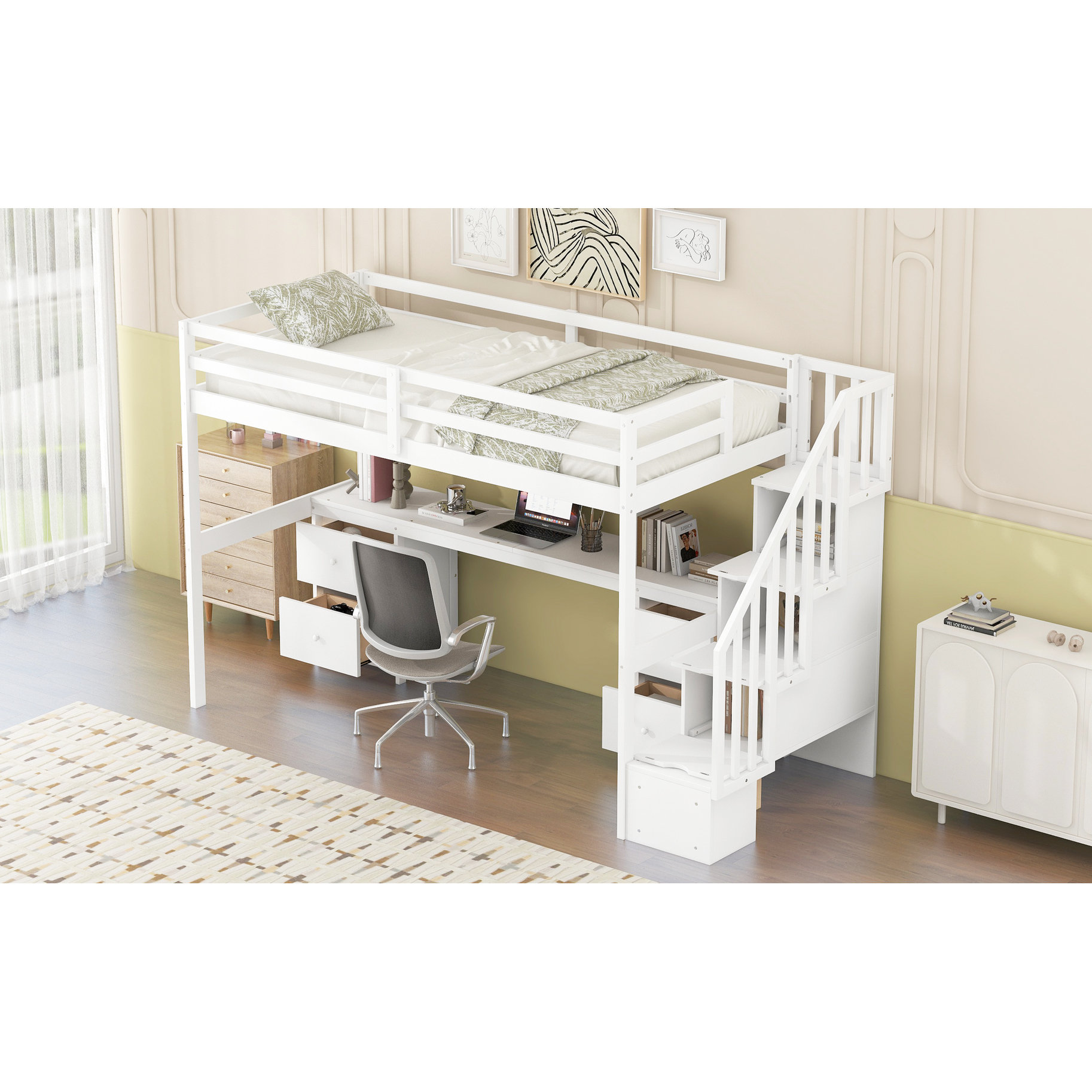 Latitude Run® Twin Loft Bed With Desk And Double Storage In Grey For ...