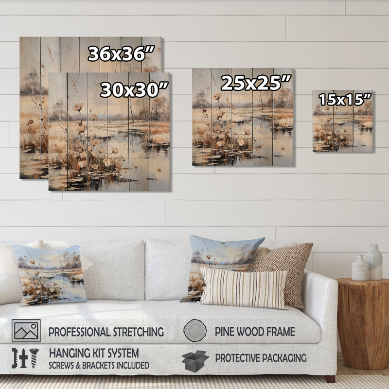 River Meadow Charm in Winter - Art mural en bois sur bois de pin naturel, H 30 po x l 30 po