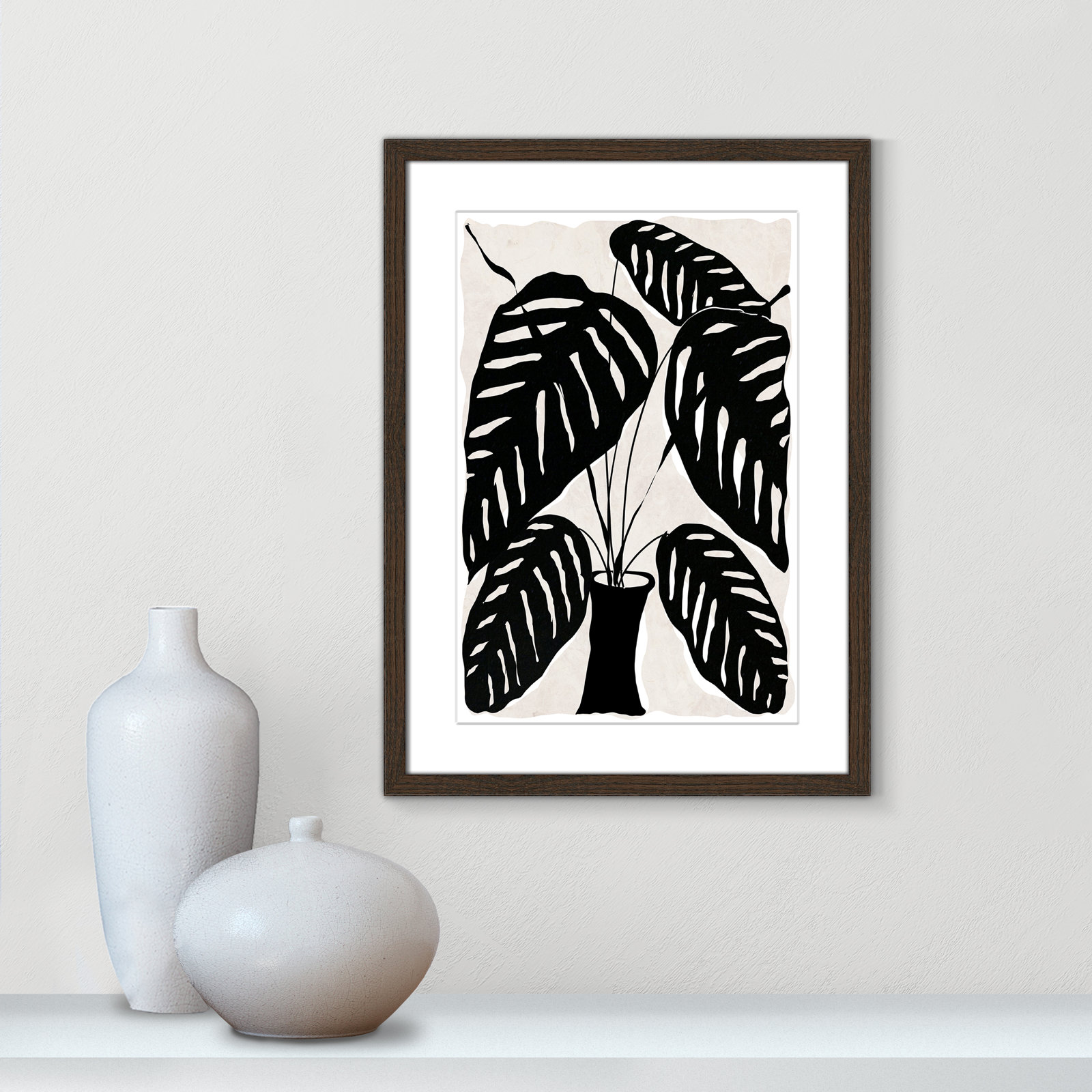 Black and White Potted Plant I Print, 23" H x 17" W x 0.75" D, Walnut Framed