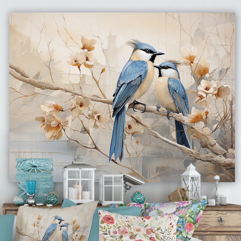 Oiseaux du paradis et fleurs sur toile, Toile tendue, H 34 po x l 44 po x P 1,5 po