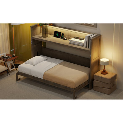 Lit simple TG avec bureau, DEL à 3 couleurs, charge, finition gris délavé, coffre-fort pour les petits espaces