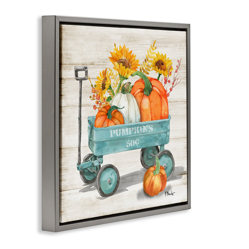 «Pumpkins Harvest Wagon», art mural sur toile par Paul Brent, H 25 po x l 25 po, Cadre flottant gris lustré