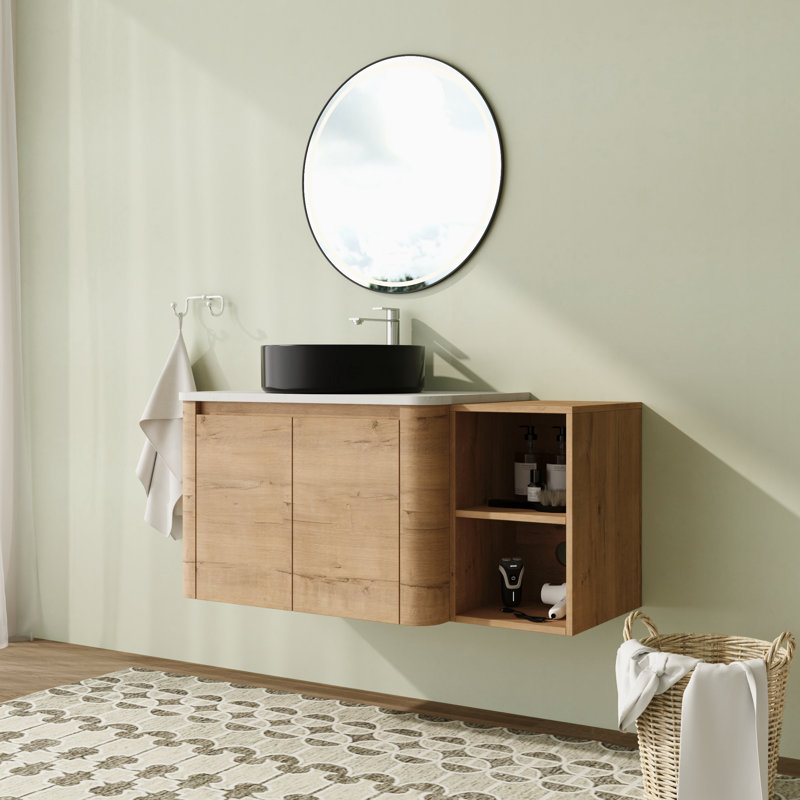 Meuble-lavabo flottant mural 42 po avec comptoir en quartz et portes et tablettes de rangement à fermeture en douceur, Noir