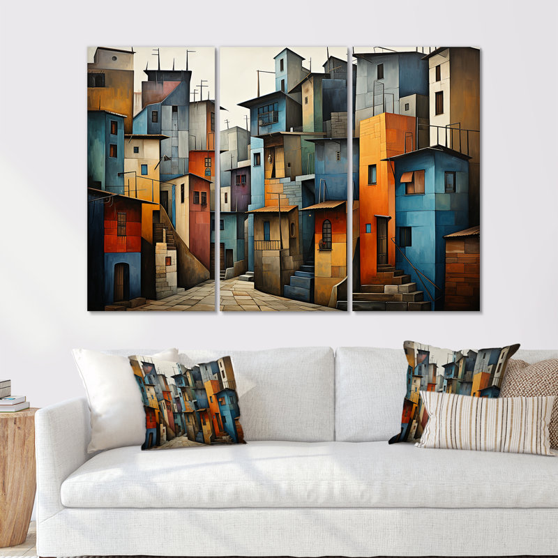 «Cubist Urbanism Horizon» - ensemble d'art mural sur toile Cubism, H 28 po x l 36 po x P 1 po, Toile tendue
