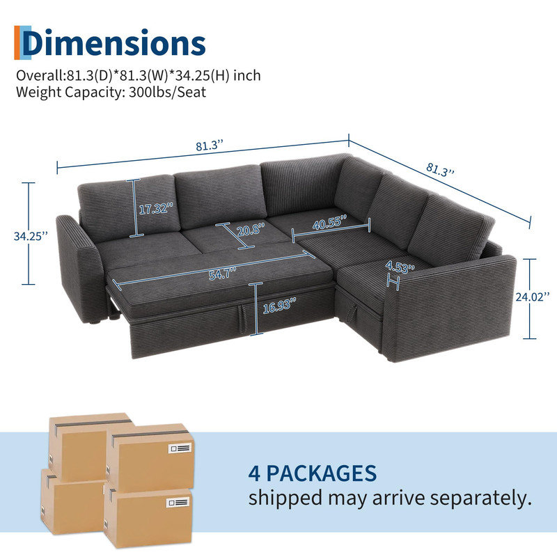Canapé-lit modulaire en Corduroy avec lit escamotable et rangement, gris, Gris