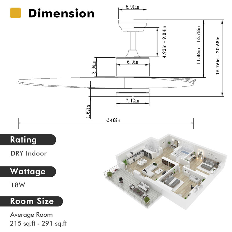 Ventilateur de plafond intelligent à 3 pales avec télécommande Aaronjames et ensemble d'éclairage inclus