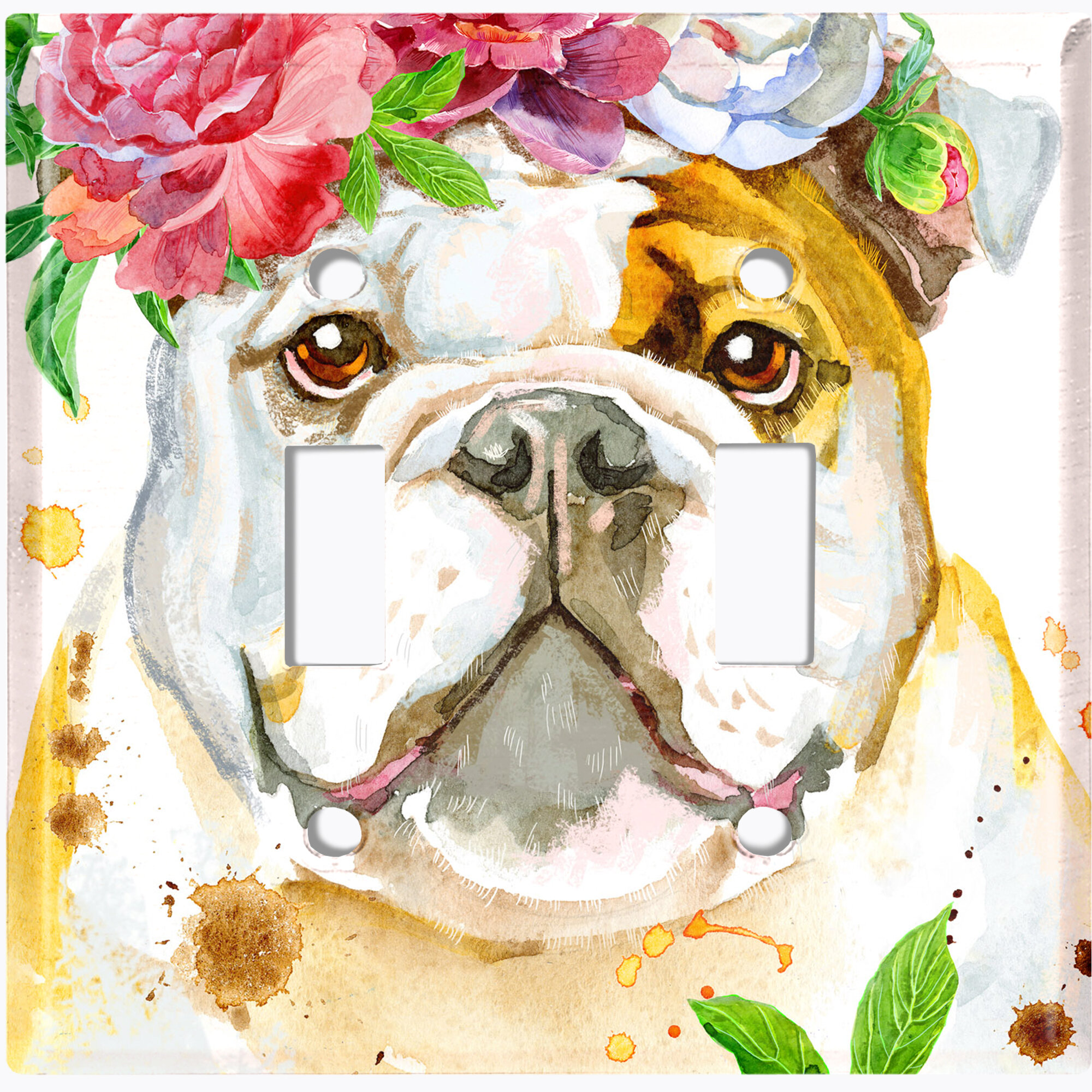 WorldAcc Cute Bulldog Flower Wreath 2-Gang Rocker Wall Plate | Wayfair