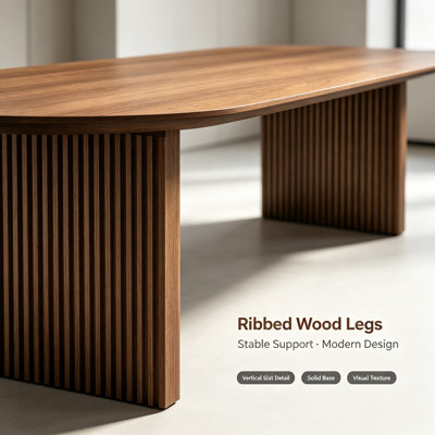 Modern Walnut Oval Solid Wood Conference Table Set, Includes 8 Ergonomic Mesh Office Chairs with Casters
