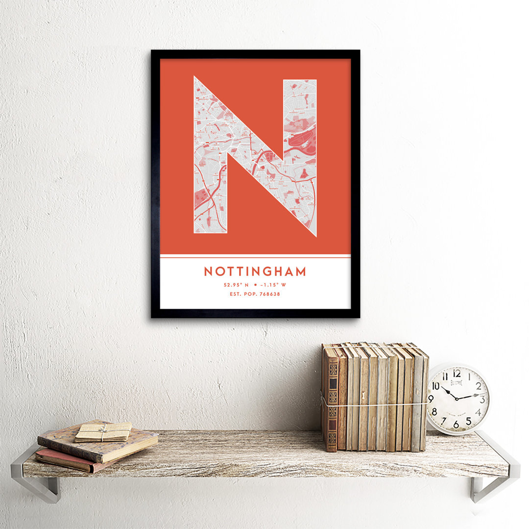 Nottingham England United Kingdom City Map Orange - Single Picture Frame Typography