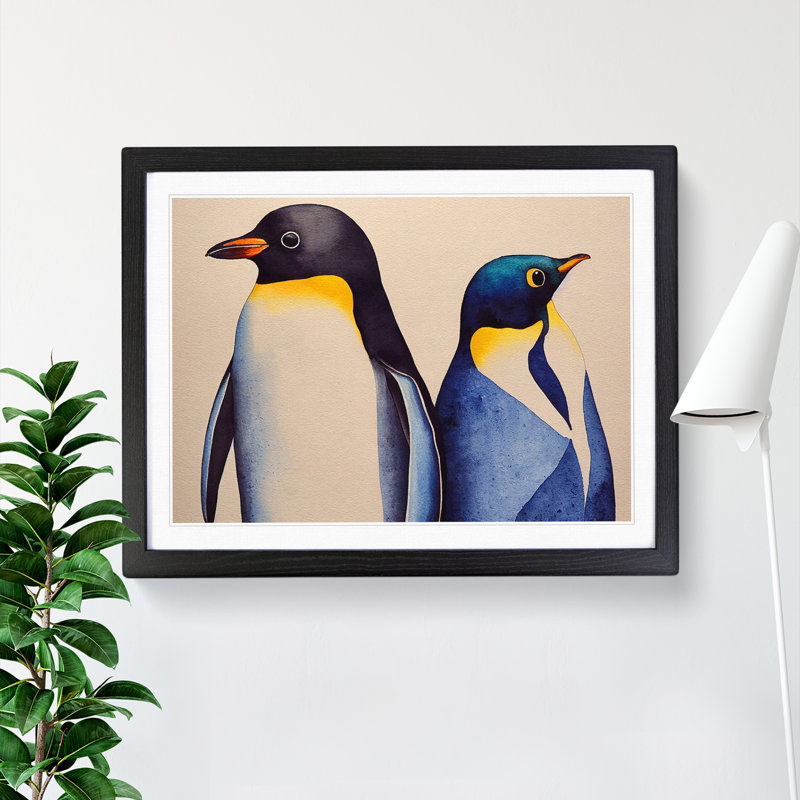 Watercolour Penguins - Single Picture Frame Print, Black Framed, 46cm H x 64cm W x 2cm D