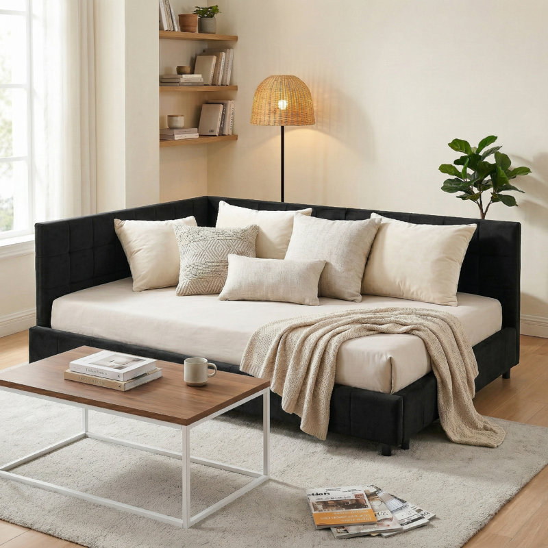 Modern Upholstered Daybed with Channel-Tufted Backrest, queen Size, Black