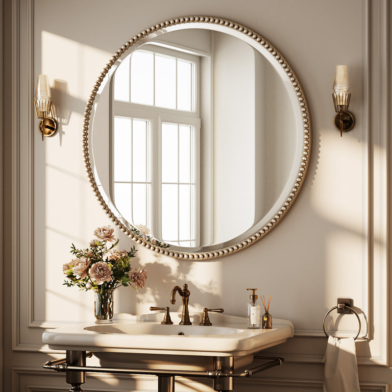 Miroir de salle de bain décoratif perlé avec cadre en résine, Argent, H 24 po x l 24 po