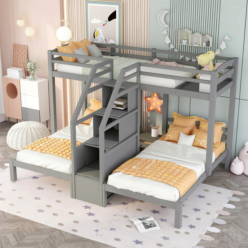 Lit simple au-dessus et superposé gris avec escalier et support - crée un espace de rangement pratique
