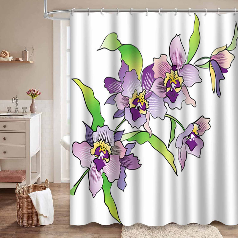 Rideau de douche imperméable à motif floral et orchidée avec 12 crochets, L 72 po x l 84 po