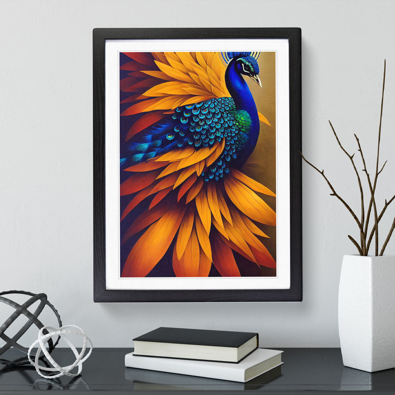 Contemporary Peacock - Single Picture Frame Painting, Black, 46cm H x 34cm W x 2cm D