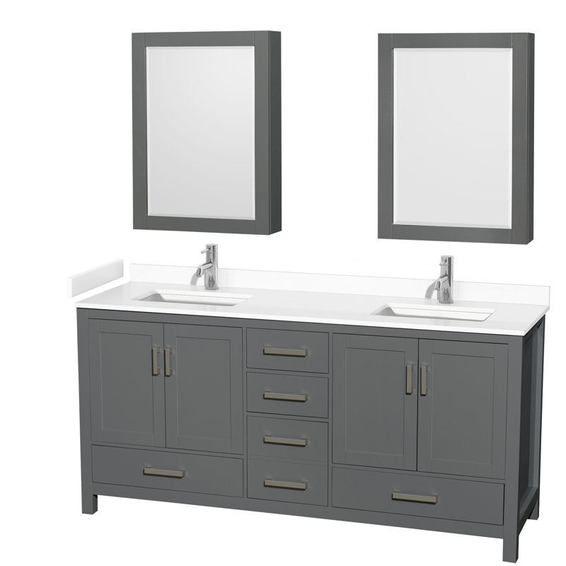 Sheffield 80" Bathroom Vanity Set with Mirror and Medicine Cabinet, White Cultured Marble, Espresso, 72" W