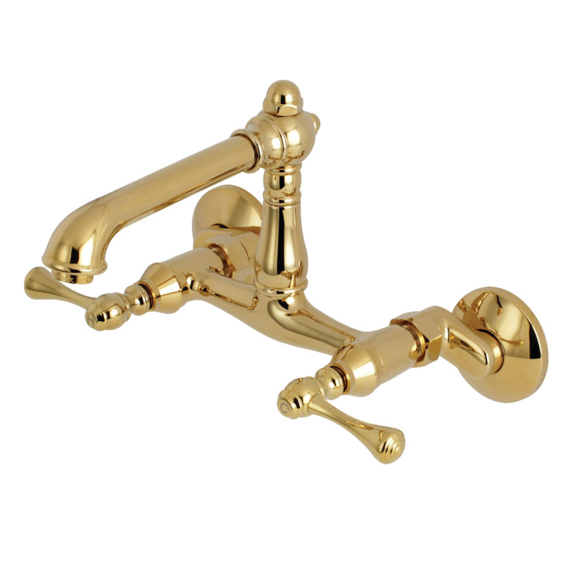 Kingston Brass English Country Double-Handle 2-Hole Wall-Mount Bridge Kitchen Faucet, Polished Brass