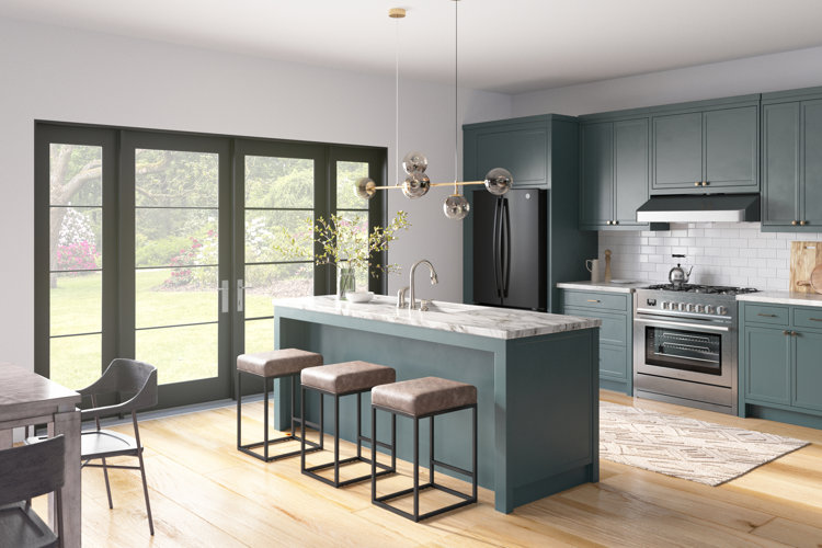 muted teal kitchen with leather-and-metal counter-height stools