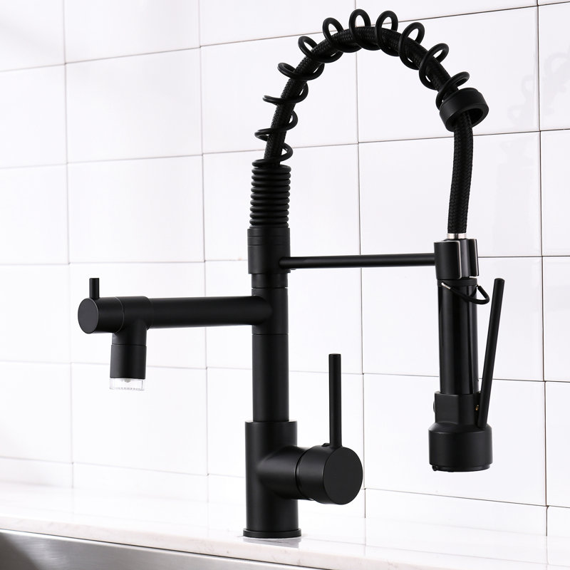 Led Commercial Kitchen Faucet - Pull Down Spray Head, Black, Single Lever, High Arch Design With Handle, Fashionable Style