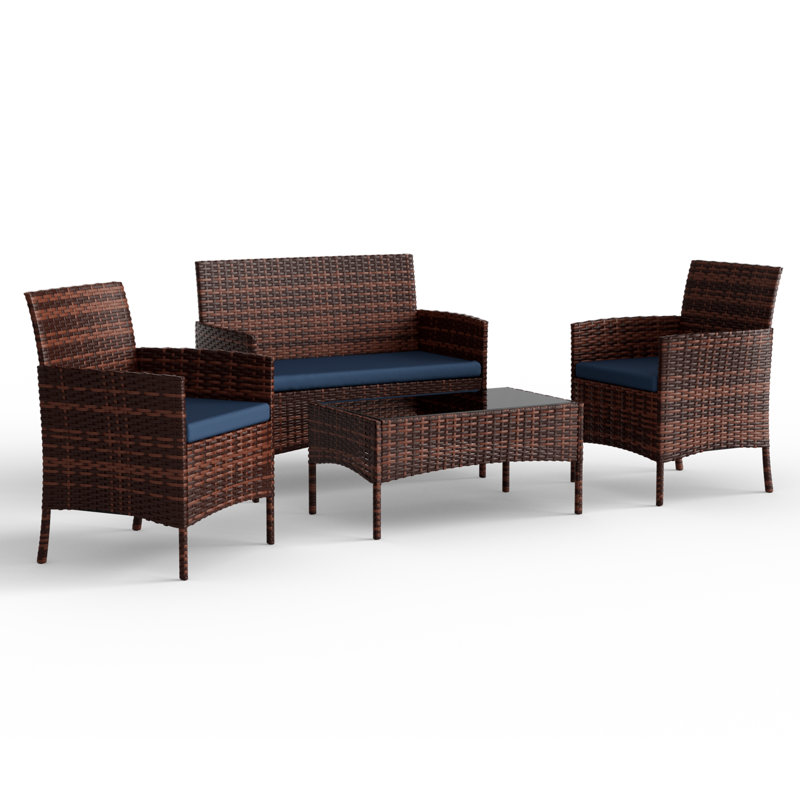 Ensemble de conversation d'extérieur pour 4 personnes avec coussins Angeli, Structure brune / coussin bleu marine
