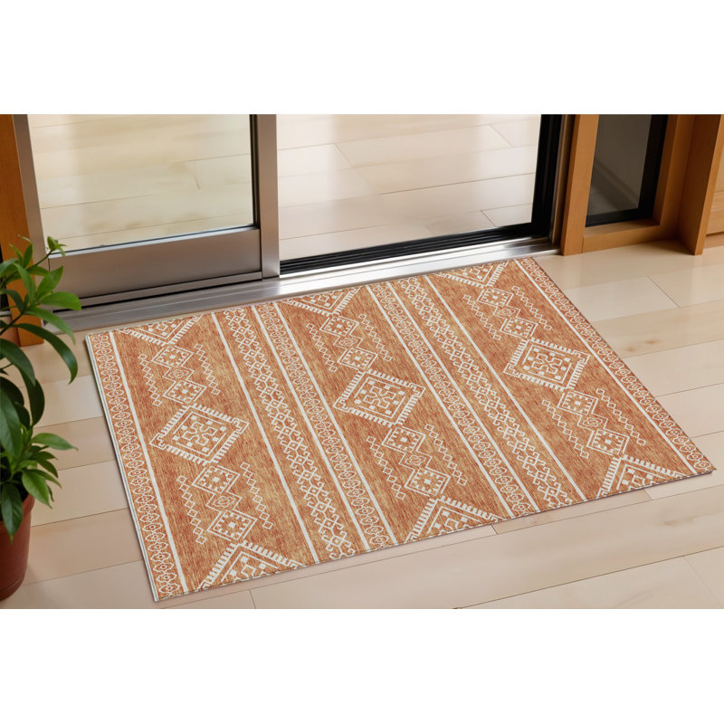 3' X 5' Copper And Ivory Southwestern Washable Indoor Outdoor Area Rug
