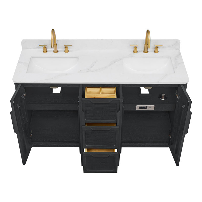 Busan 60" Double Bath Vanity with White Quartz Stone Top, Oak Classic Black