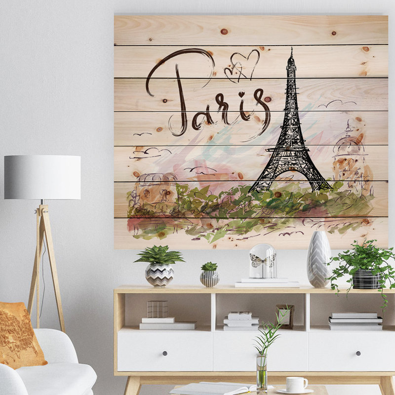 « eiffel tour avec paris scribble », peinture beige, H 20 po x l 15 po x P 1po, Bois