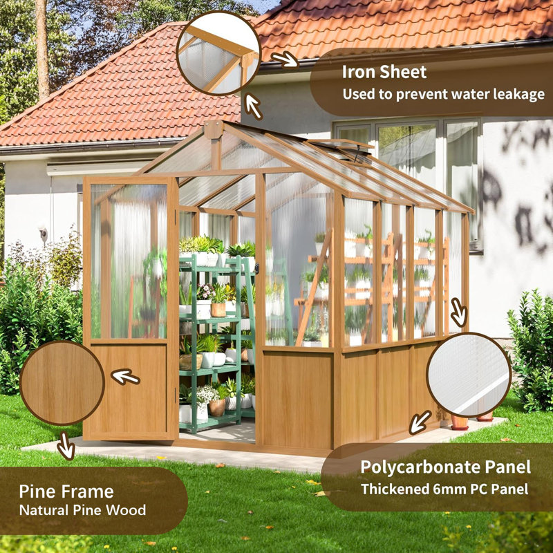 6 ft. W x 8 ft. D Greenhouse for Outdoors, Solid Wood Garden Greenhouse with Quick Assembly, 6x8 FT