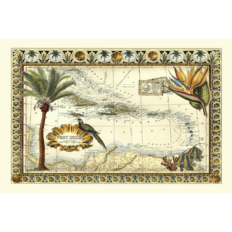 Tropical Map Of West Indies - Wrapped Canvas Print, 30cm H x 46cm W x 3.8cm D